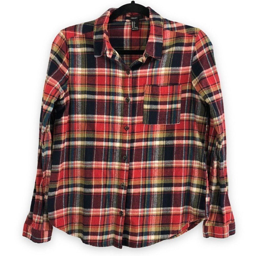 Forever 21 Womens Small Long Sleeve Flannel Shirt Red Button Down Western Rodeo